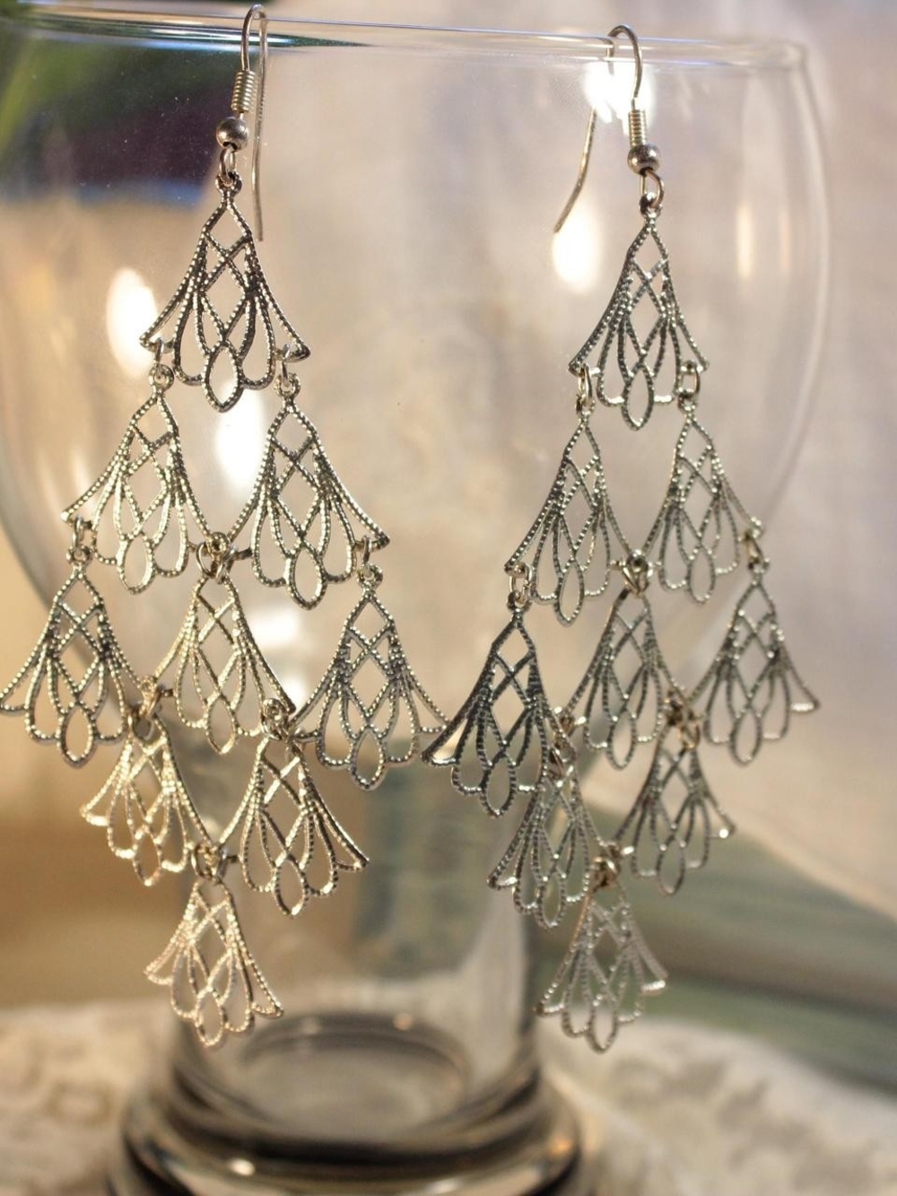 Silver-Tone Cascading Filigree Chandelier Fairycore Earrings